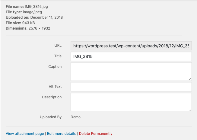 Screenshot showing the facilities that WordPress provide to label and caption images