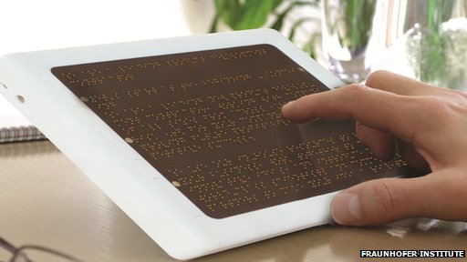 A prototype eReader device with a dynamic braille display.